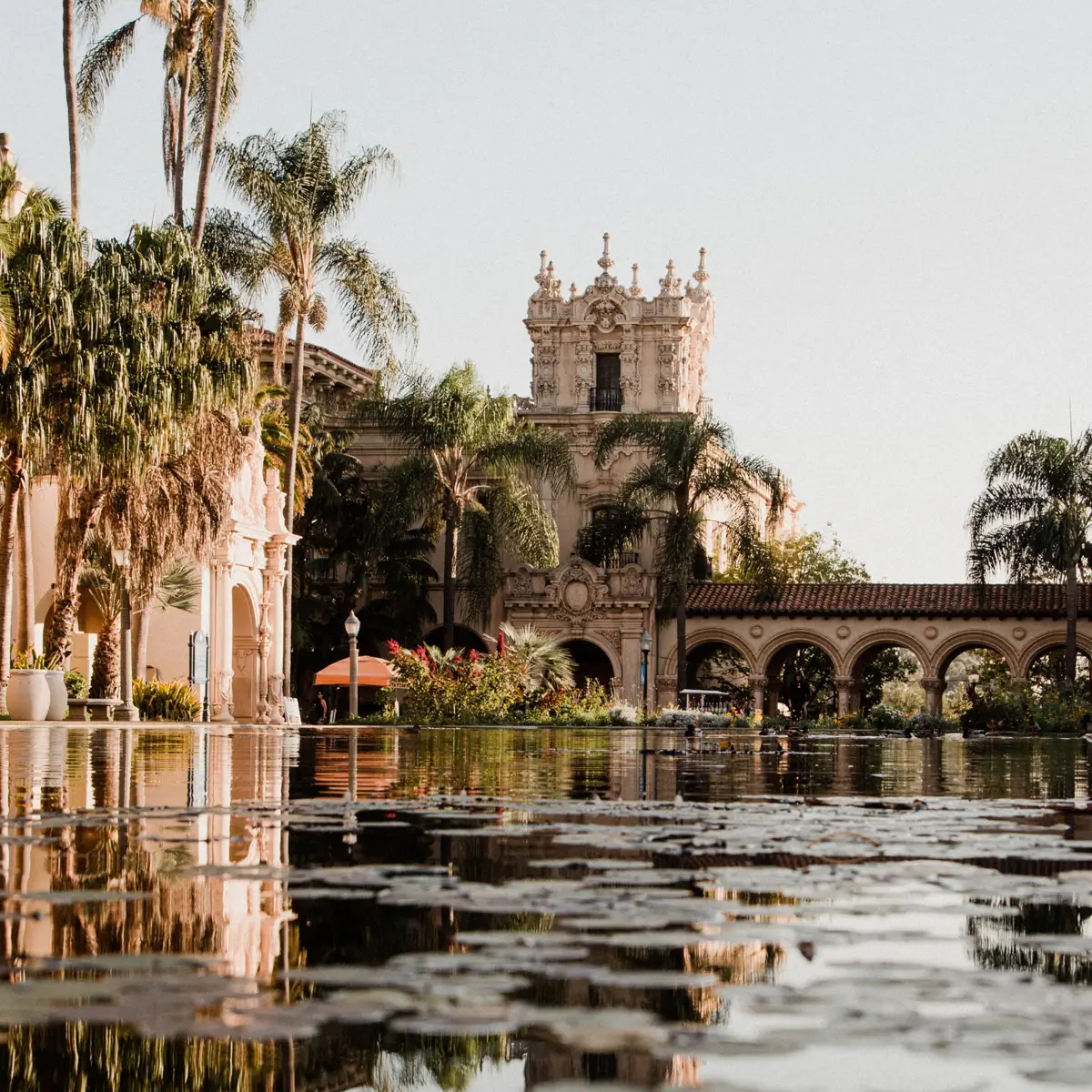 Reflecting pool at the center of Balboa Park museums.