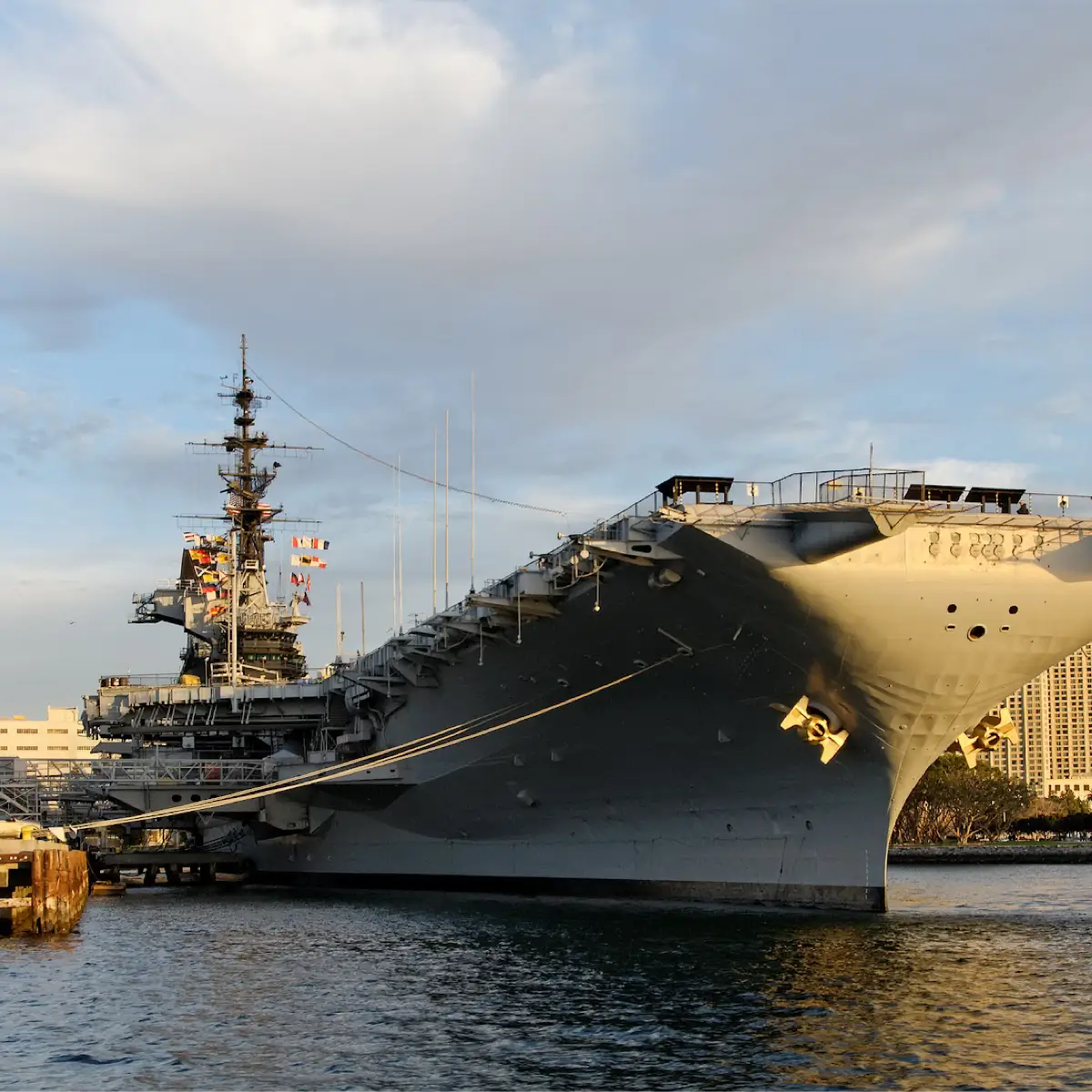 A view of the USS Midway ship in San Diego Harbor. 