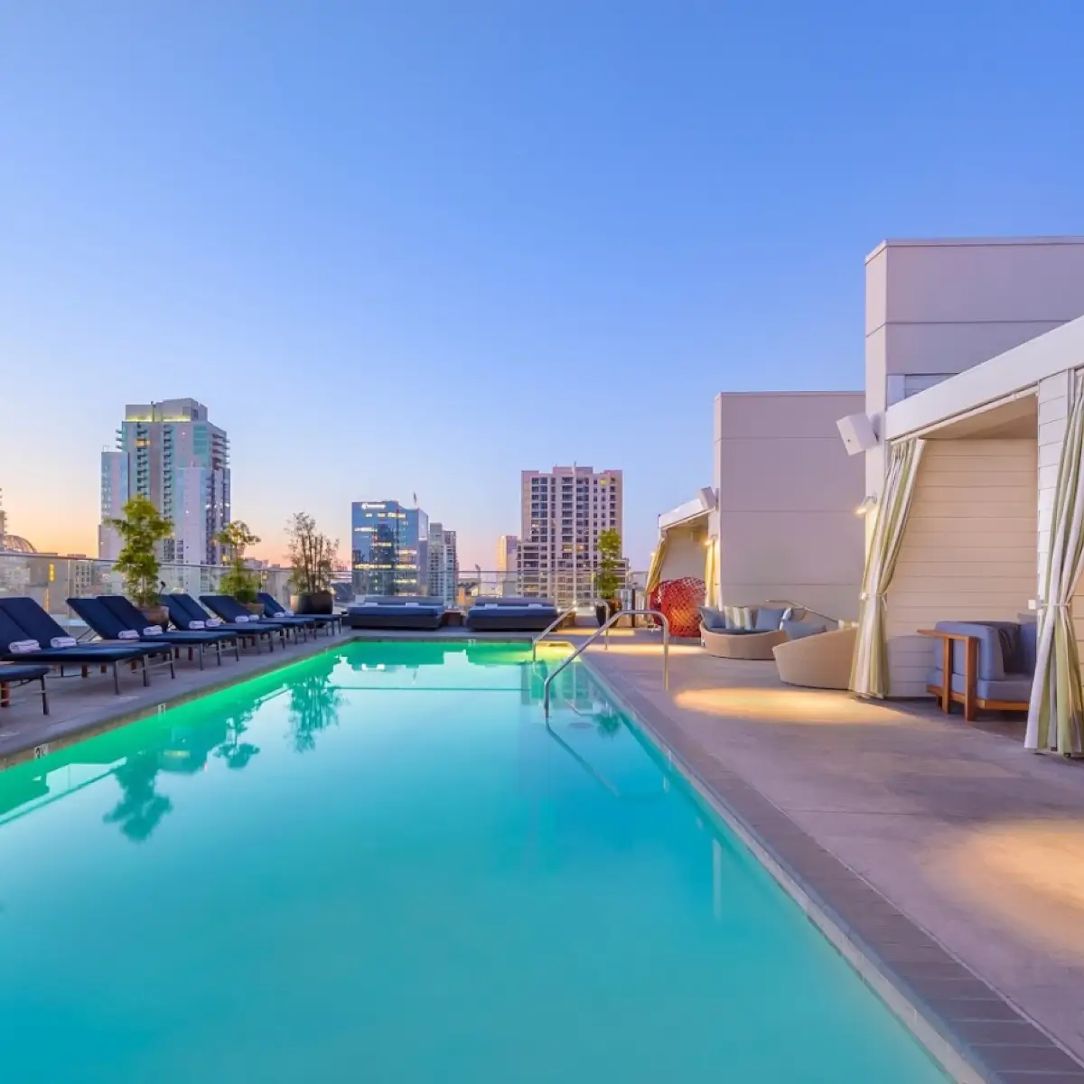 The rooftop pool overlooking Downtown San Diego at the Andaz.