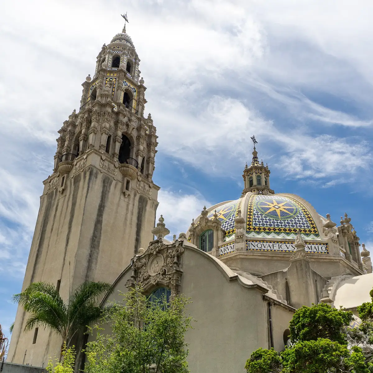 A view of the tower and dome at the center of Balboa Park in San Diego. 
