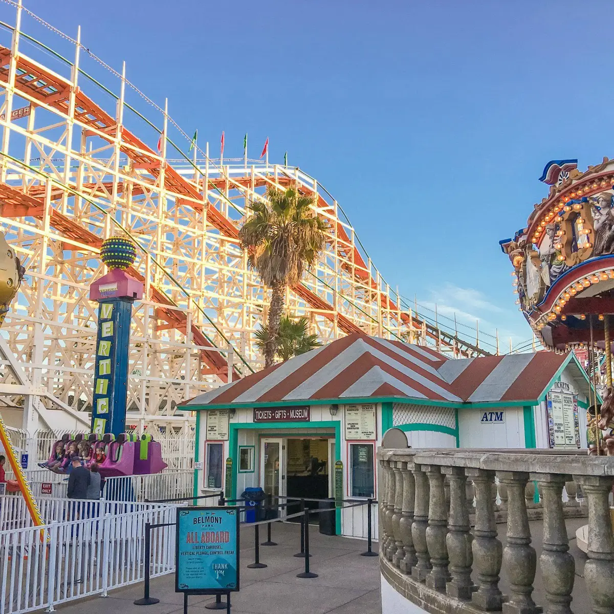 A view of the white wooden rollercoaster at Belmont Park in Mission Beach San Diego. 