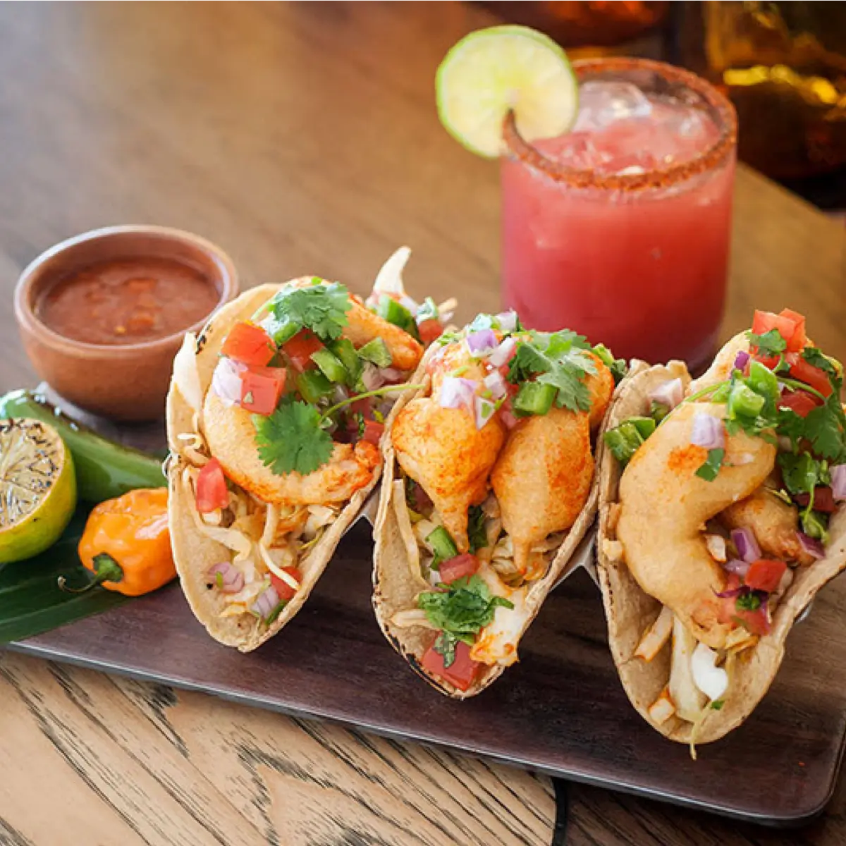 Three fried shrimp tacos with a strawberry margarita. 