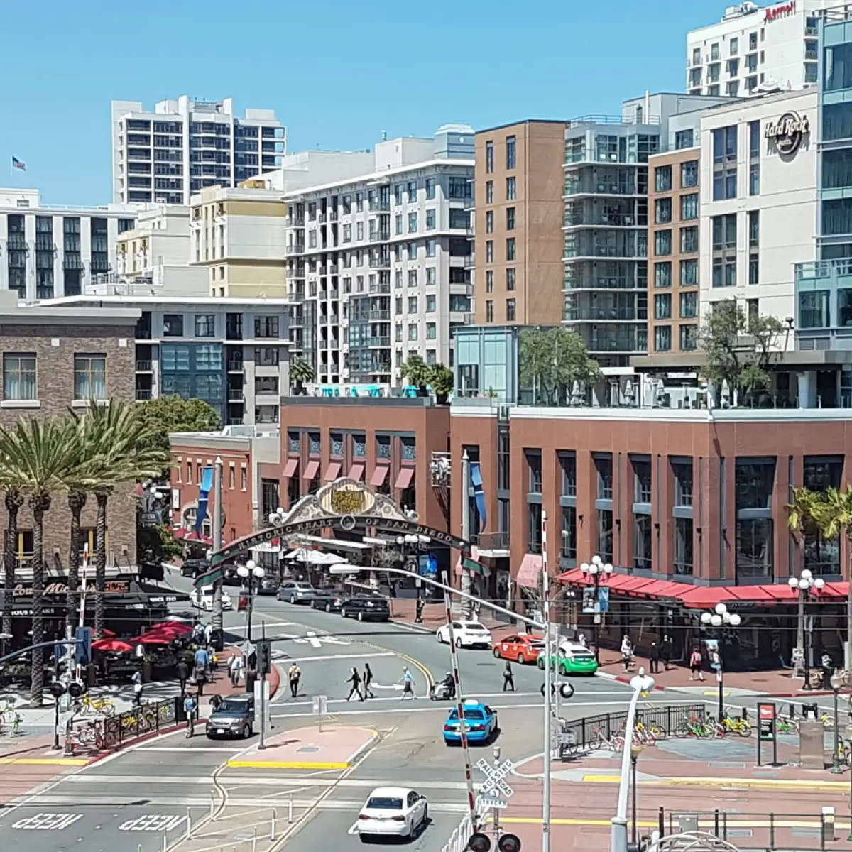A bird's eye view of the southern entrance to the Gaslamp Quarter. 