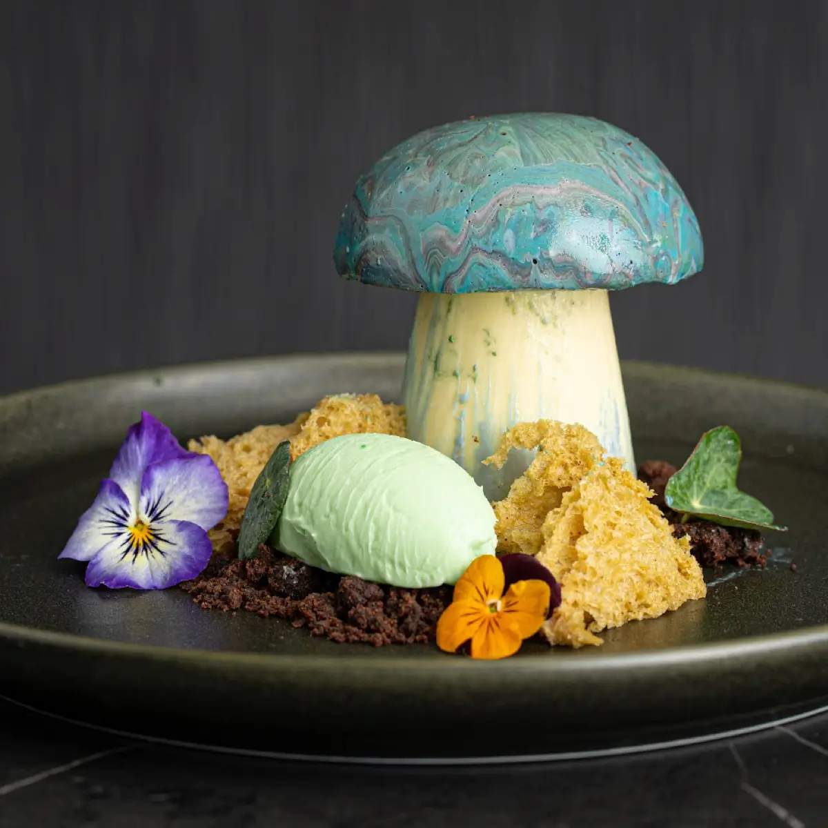 A fantastical mushroom shaped dessert at Huntress.