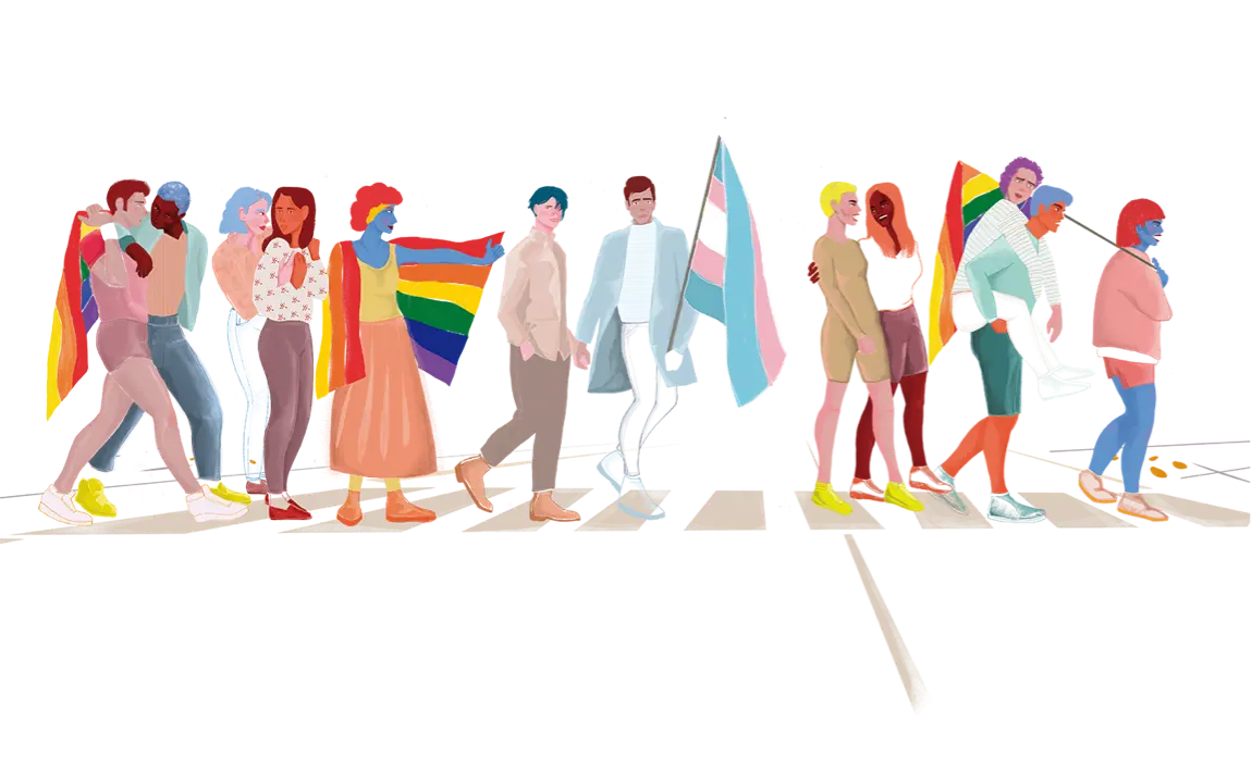 Illustration of lots of people within the LGBTQ+ community walking across a crosswalk