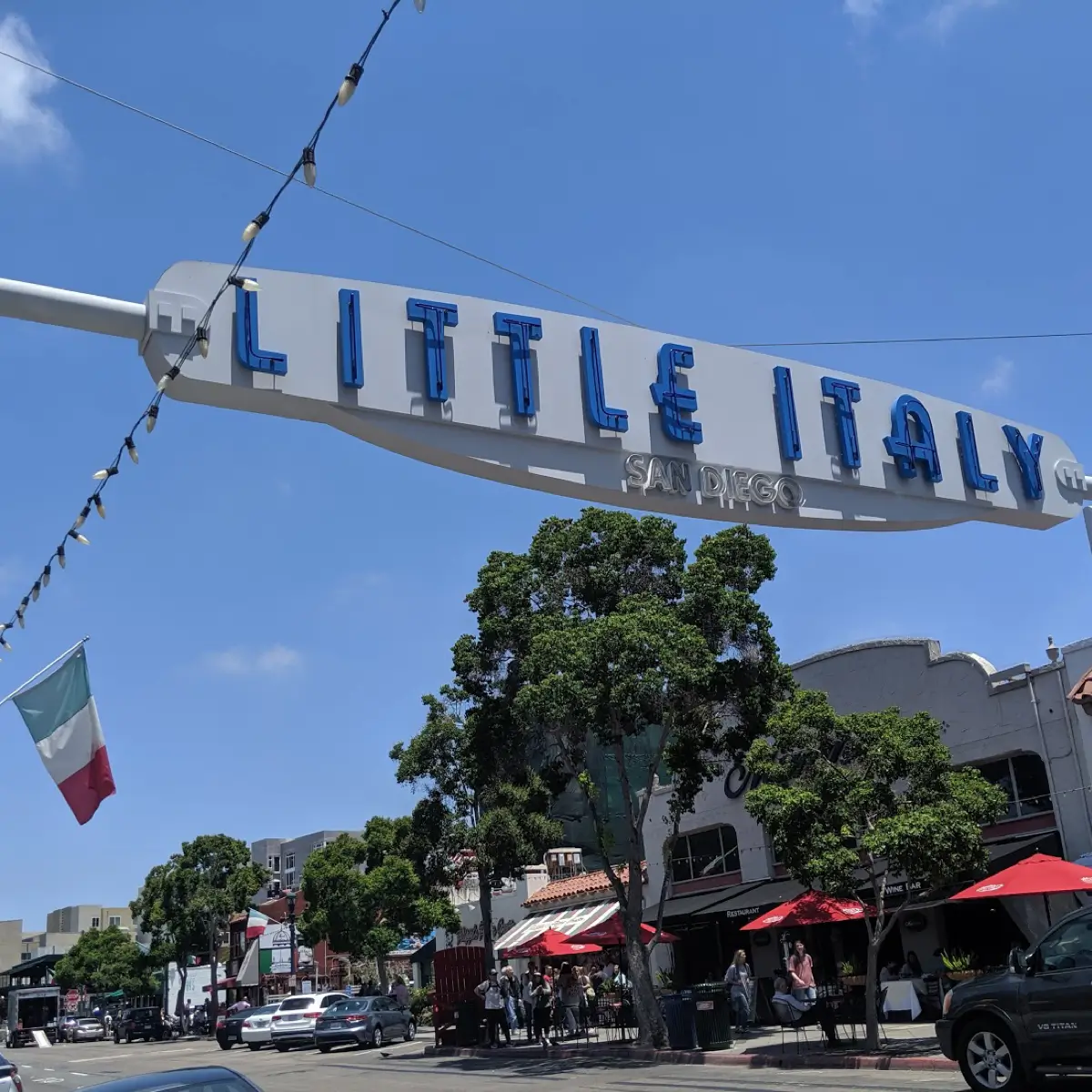 A view of the Little Italy sign at the heart of the Little Italy neighborhood. 