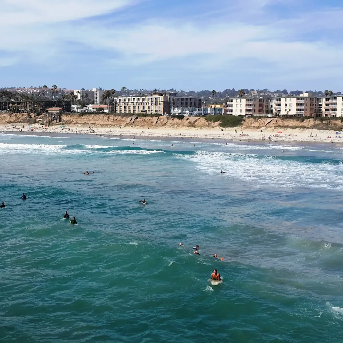 Mission Beach seen looking in from the Pacific Ocean in an bird's eye view. 