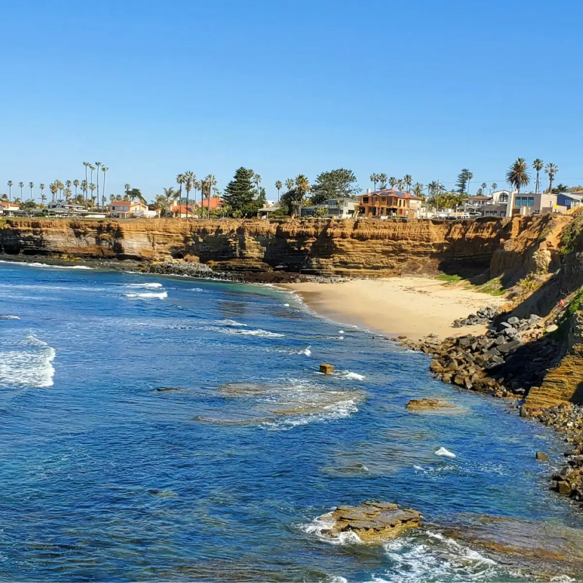 A daytime view of Sunset Cliffs from a viewpoint. 