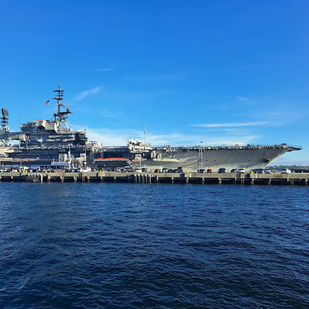 A view of the USS Midway navy ship from San Diego Harbor