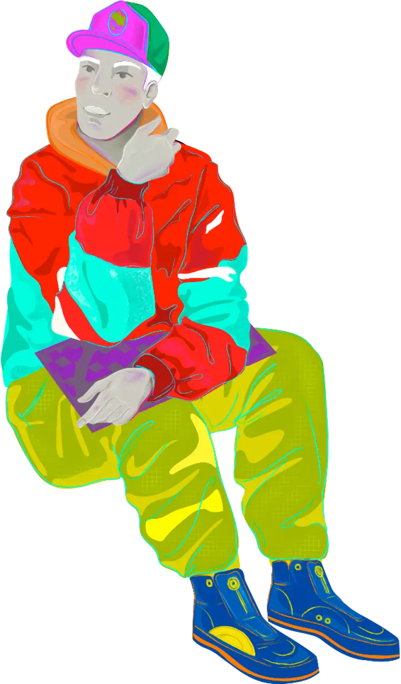Illustration of a man sitting on the ground wearing colorful clothing