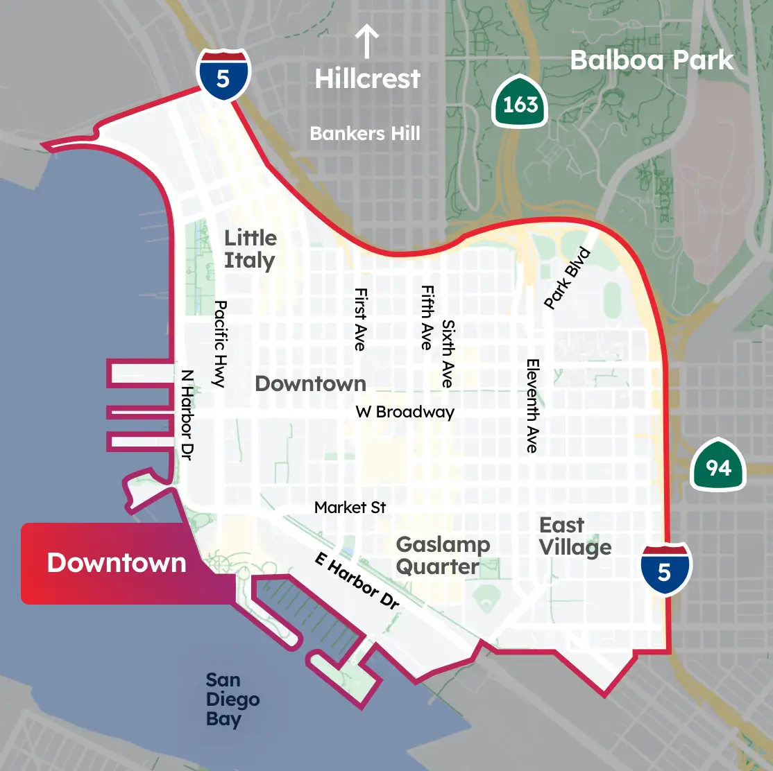 Shaded red callout of the Downtown neighborhood in San Diego
