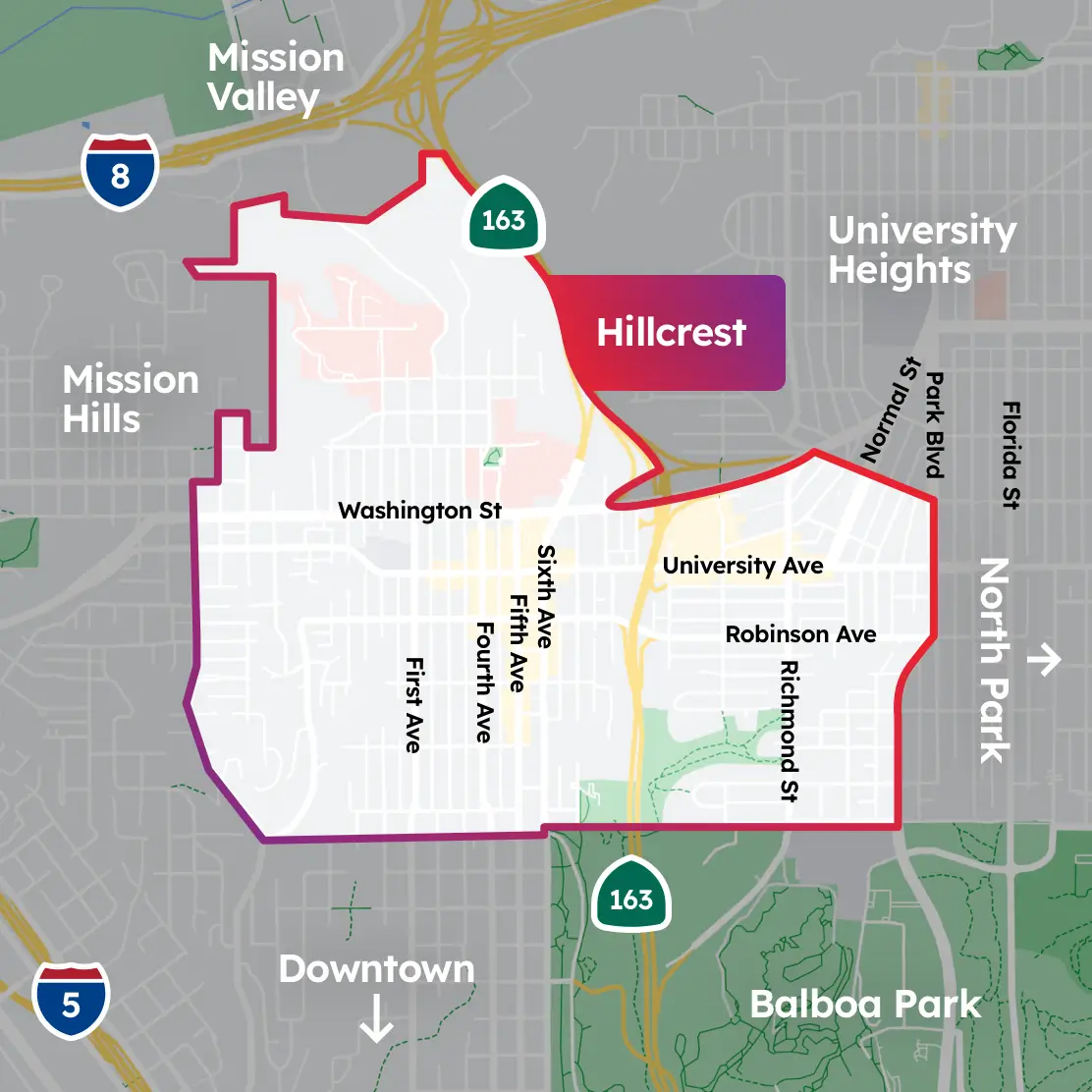 Shaded red callout of the Hillcrest neighborhood in San Diego