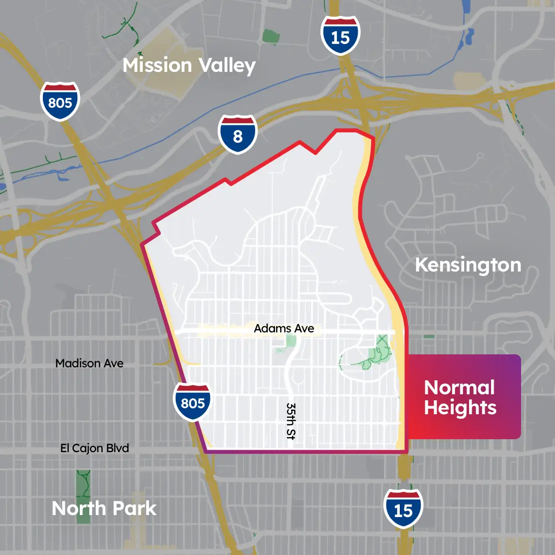 Shaded red callout of the Normal Heights neighborhood in San Diego