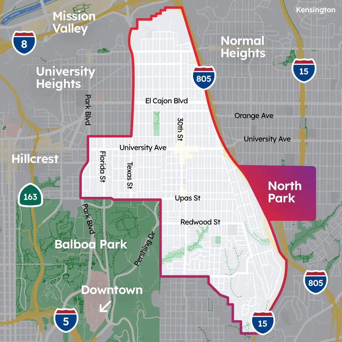 Shaded red callout of the North Park neighborhood in San Diego