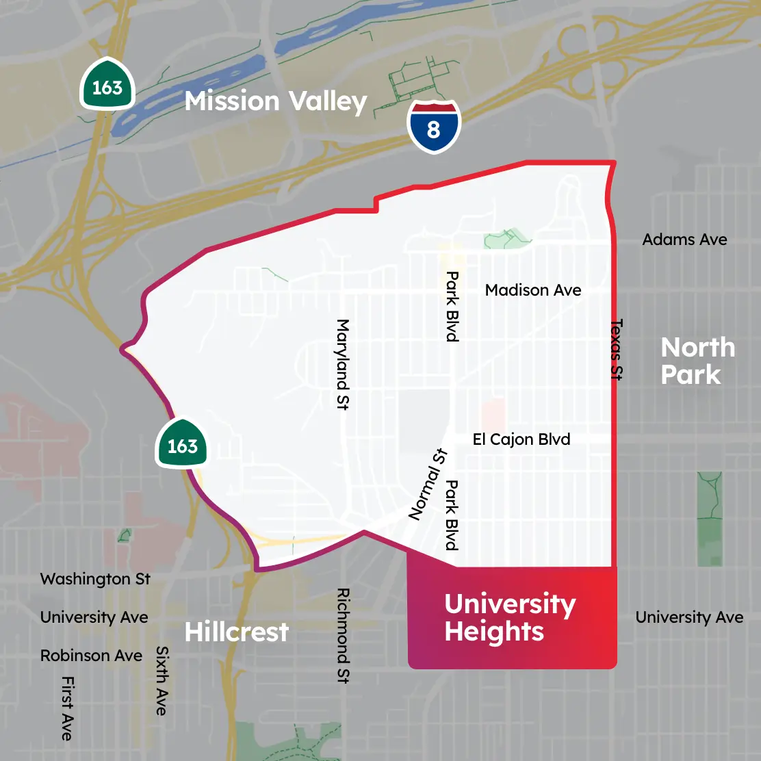 Shaded red callout of the University Heights neighborhood in San Diego