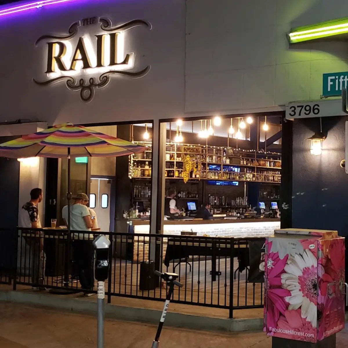 Street view of The Rail LGBTQ+ bar in San Diego, California